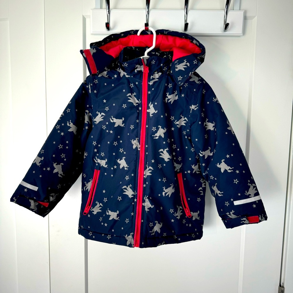 Girls winter jacket unicorns reflective blue pink pockets size 6/7